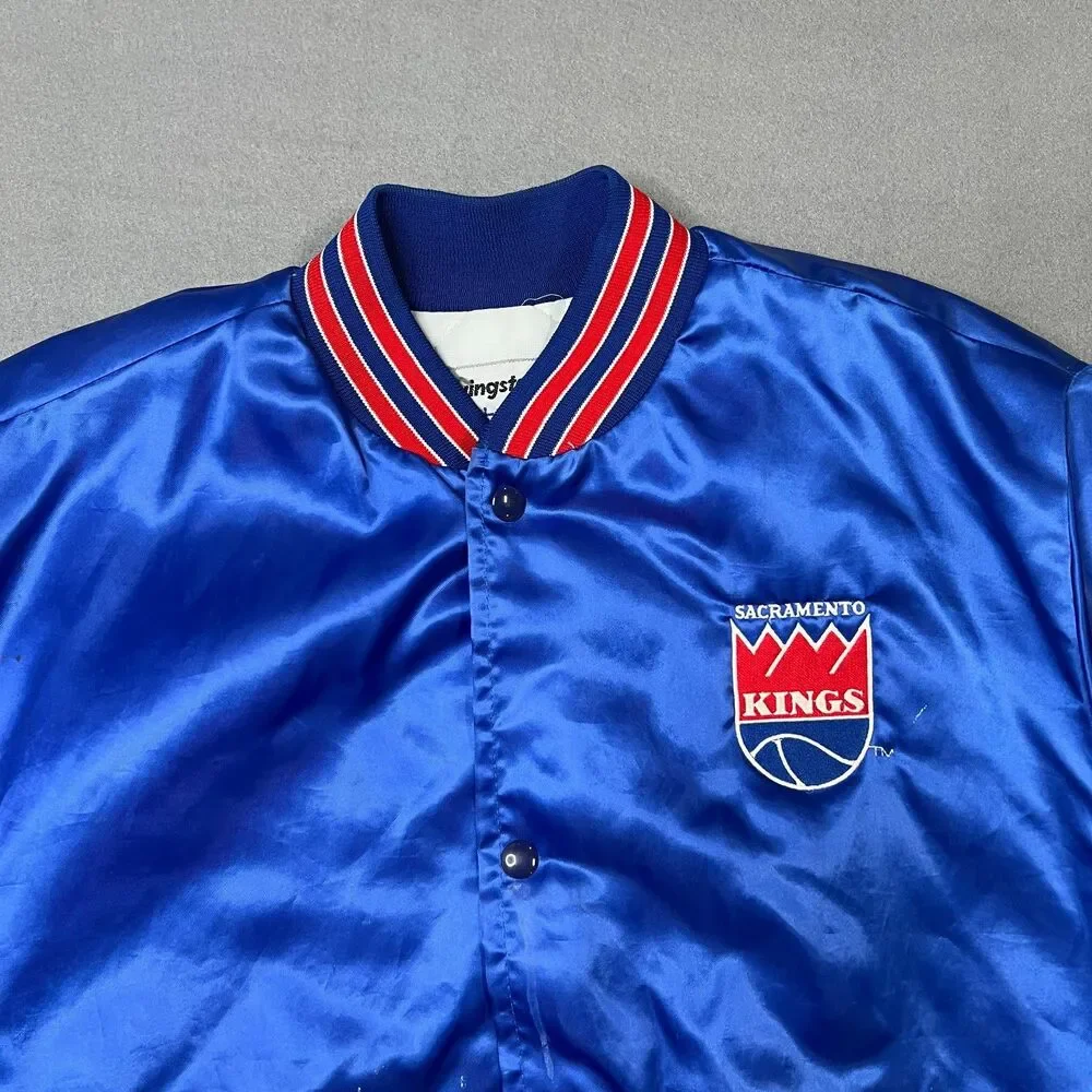 Vintage Swingster Sacramento Kings Jacket Mens Large Blue Satin Lined Snap Front